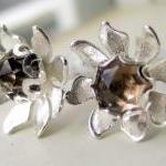 Earrings - Smoky Quartz Sterling Silver Flower..