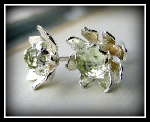 Earrings - Green Amethyst Sterling Silver Flower Petal Posts