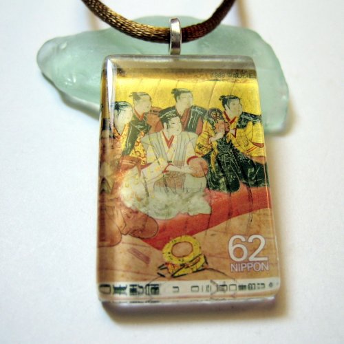 Pendant - Japanese Vintage Stamp, Glass Tile Traditional Noblemen