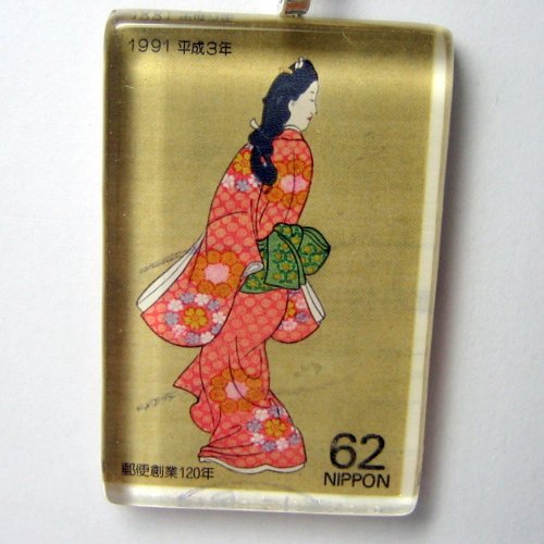 Pendant - Japanese Vintage Stamp, Glass Tile Geisha Peach Kimono
