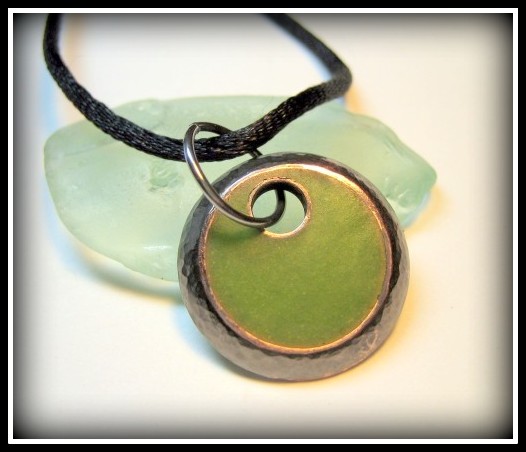 Reserved Pendant - Lime Green Resin Textured Oxidized Copper
