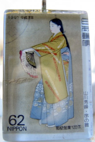 Pendant - Japanese Vintage Stamp Glass Tile Geisha Dance