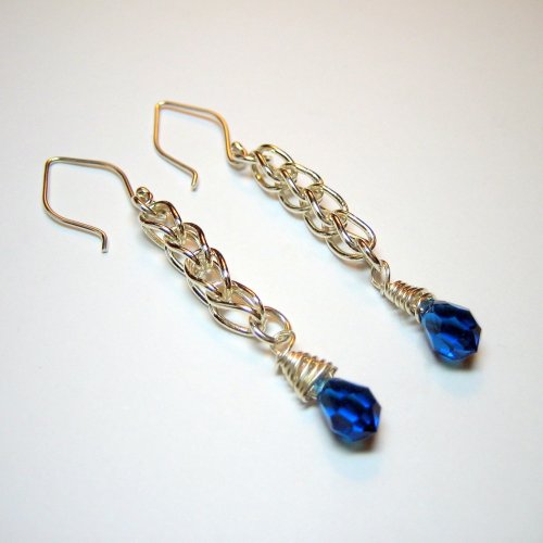 Earrings - Fine Silver Loop Chain Sapphire Blue Swarovski