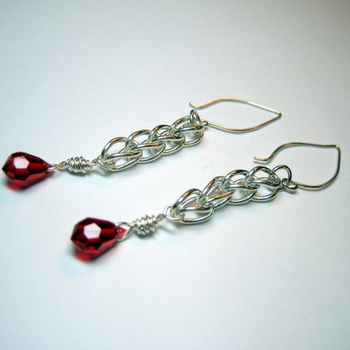 Earrings - Fine Silver Loop Chain Ruby Red Swarovski